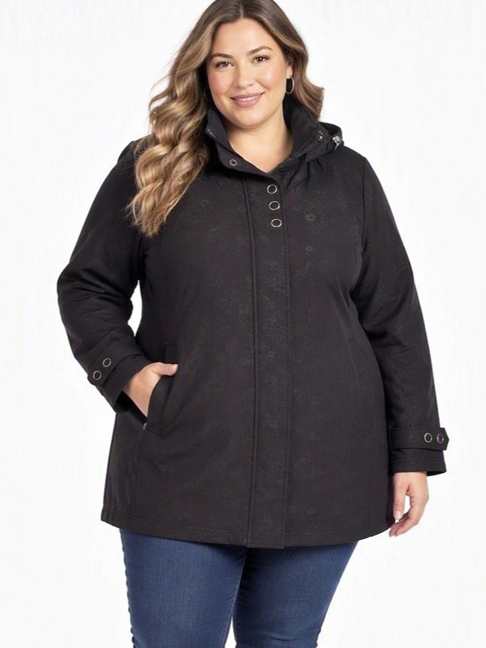 Addition Elle Floral Hooded Jacket With Black on Black Floral Pattern